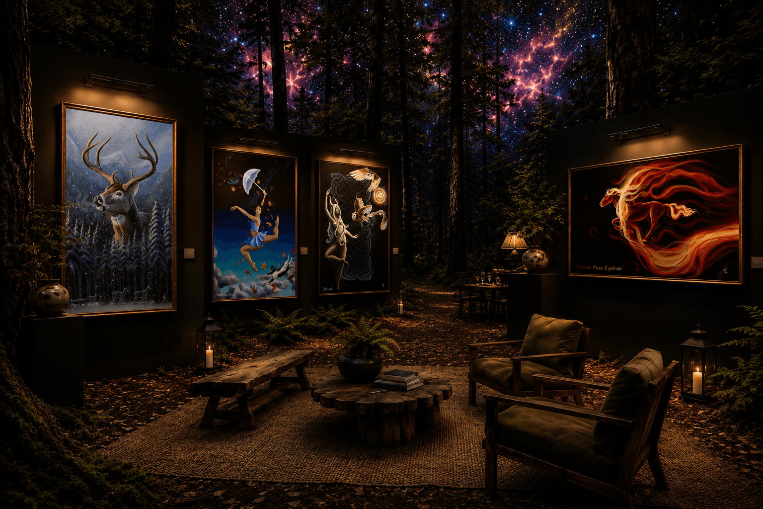 A nighttime forest gallery with framed Eva Creature paintings beneath a cosmic canopy.