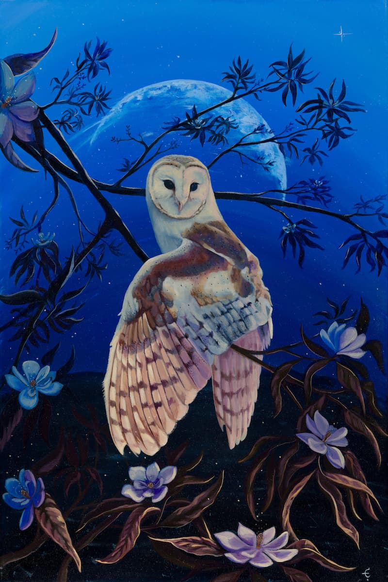 A glowing barn owl rests on a magnolia branch as a ethereal moon rises in the background.