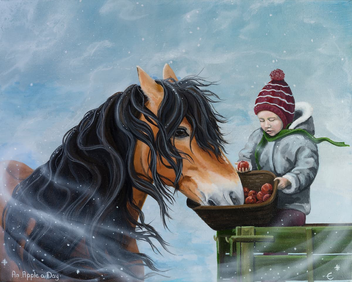 A child, bundled against the snow, feeds apples to a horse from the back of a farm truck as the wind swirls snowflakes around them.
