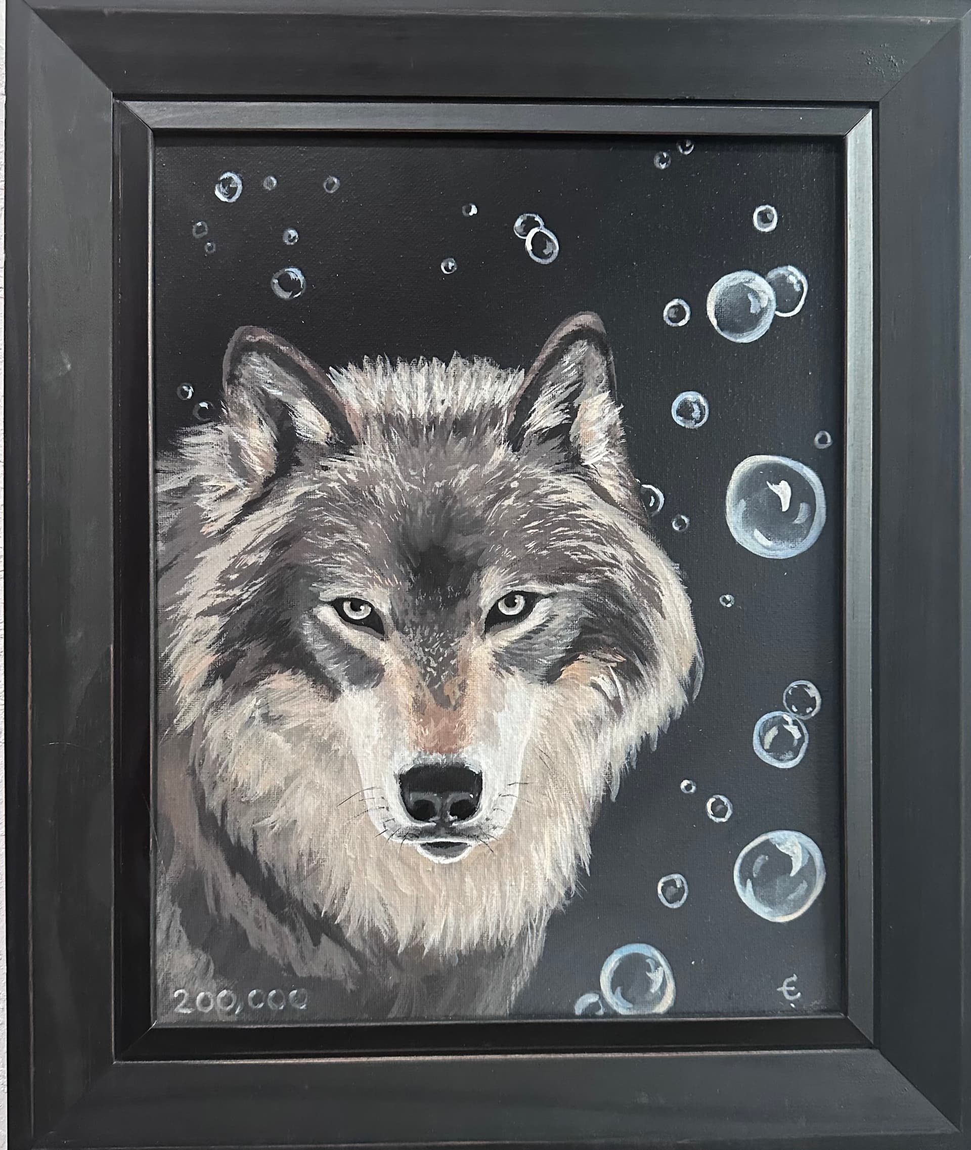 The face of a grey wolf with piercing eyes that contrast with the delicate bubbles floating about him.