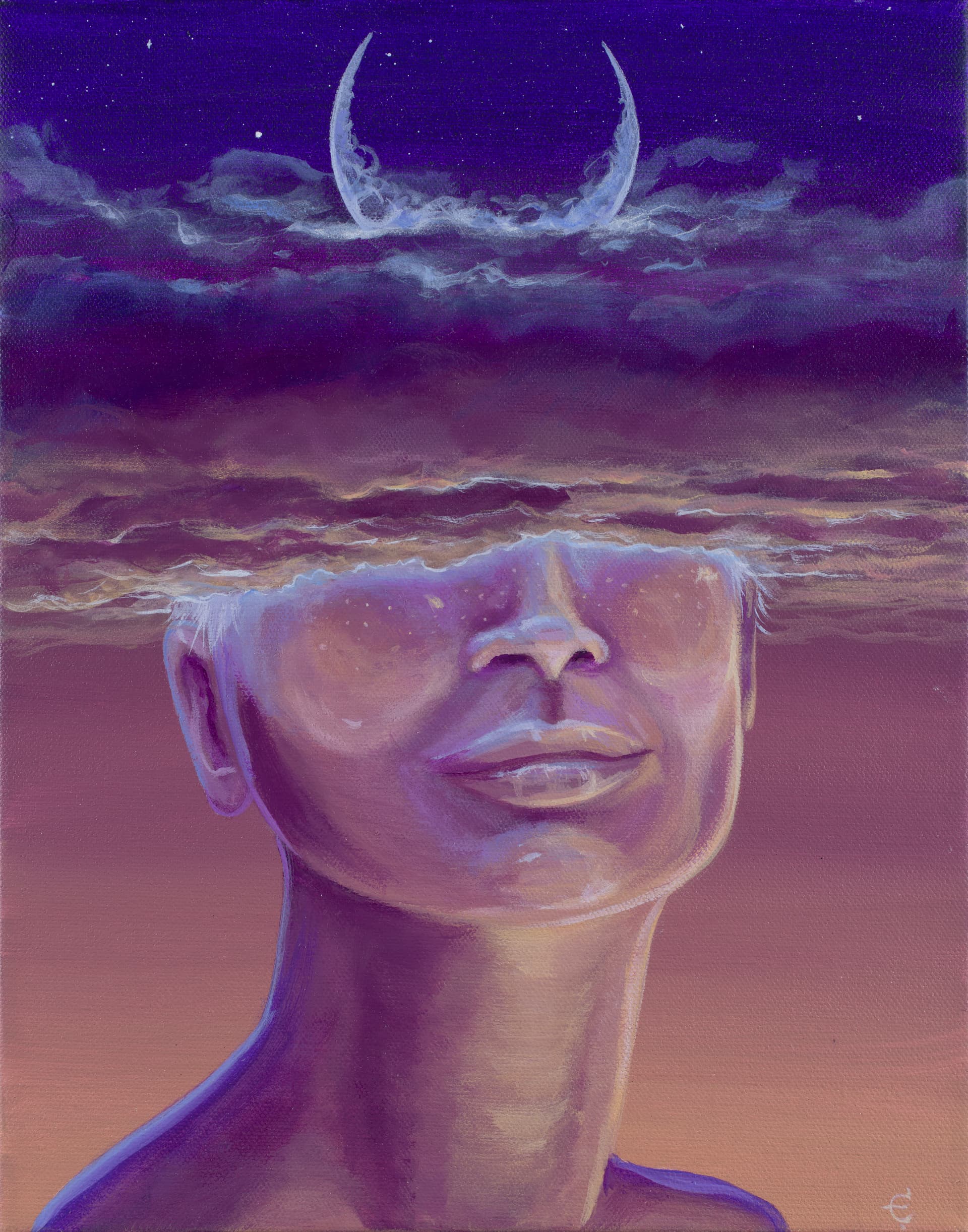 A woman's face with her eyes wrapped with sunset styled clouds and crowned wtih a crescent moon.