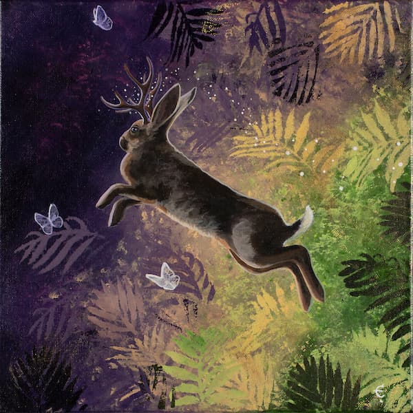 A jackalope leaps from the brush across an abstract purple and yellow background with butterflies.